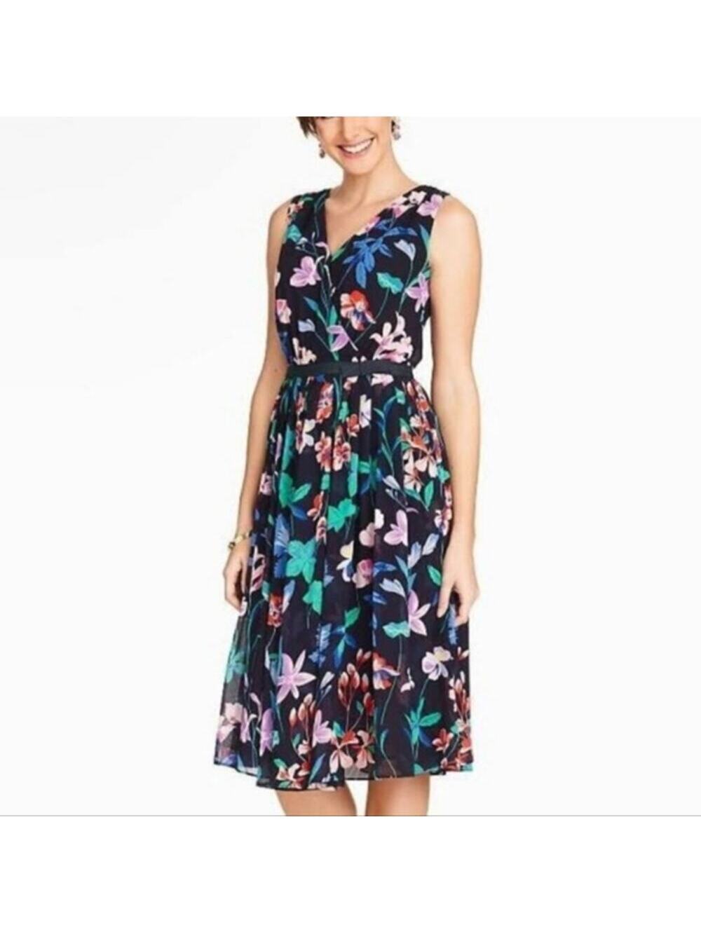 Talbots EUC Women's Navy Floral Chiffon Surplice Neck Sleeveless Dress 16P